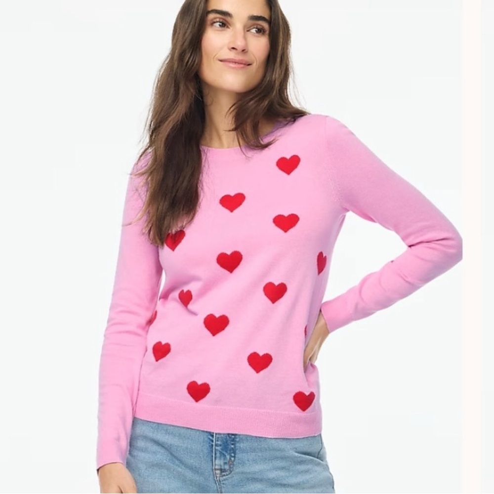 J Crew Red Hearts Pink Cotton Teddie Sweater XOXO - Size Small